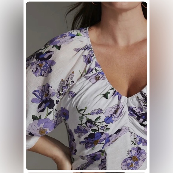 Anthropologie V Neck Ruched Knit Top Floral Romantic White Purple - Picture 4 of 7